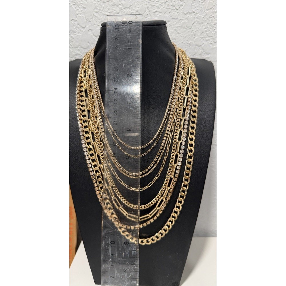 Gold Tone Multi Strand Layered Chain Necklace Rhinestone Statement 24" - Picture 7 of 11
